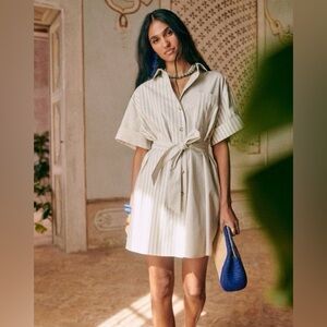 Sezane Cream Striped Shirt Dress with Tie Waist